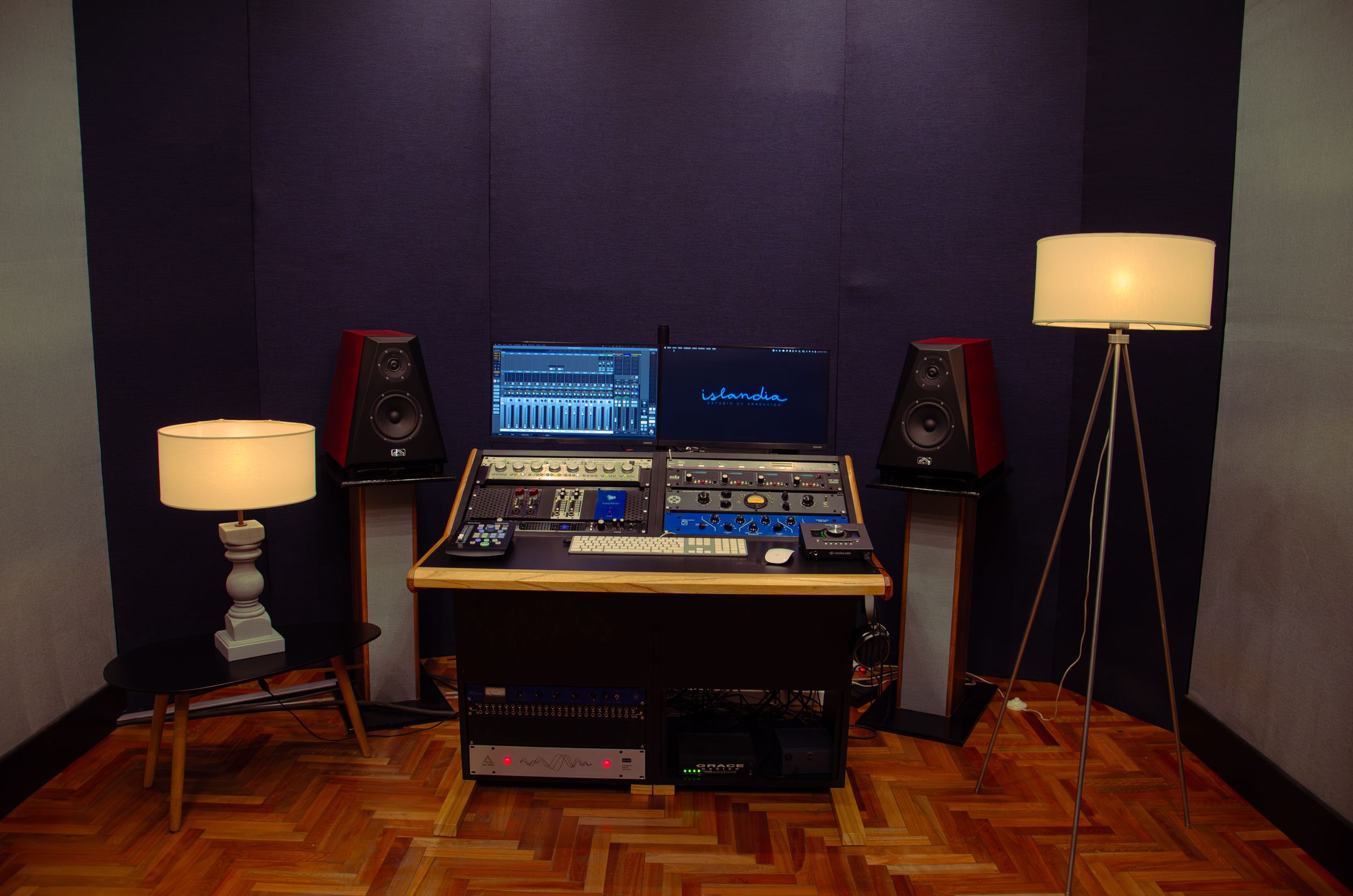 Studio A control room at Islandia, with the console, the monitors and two lamps on